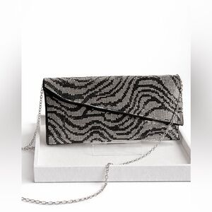 Zebra Rhinestone Envelope Clutch | Silver & Black | Chain Strap | NWT